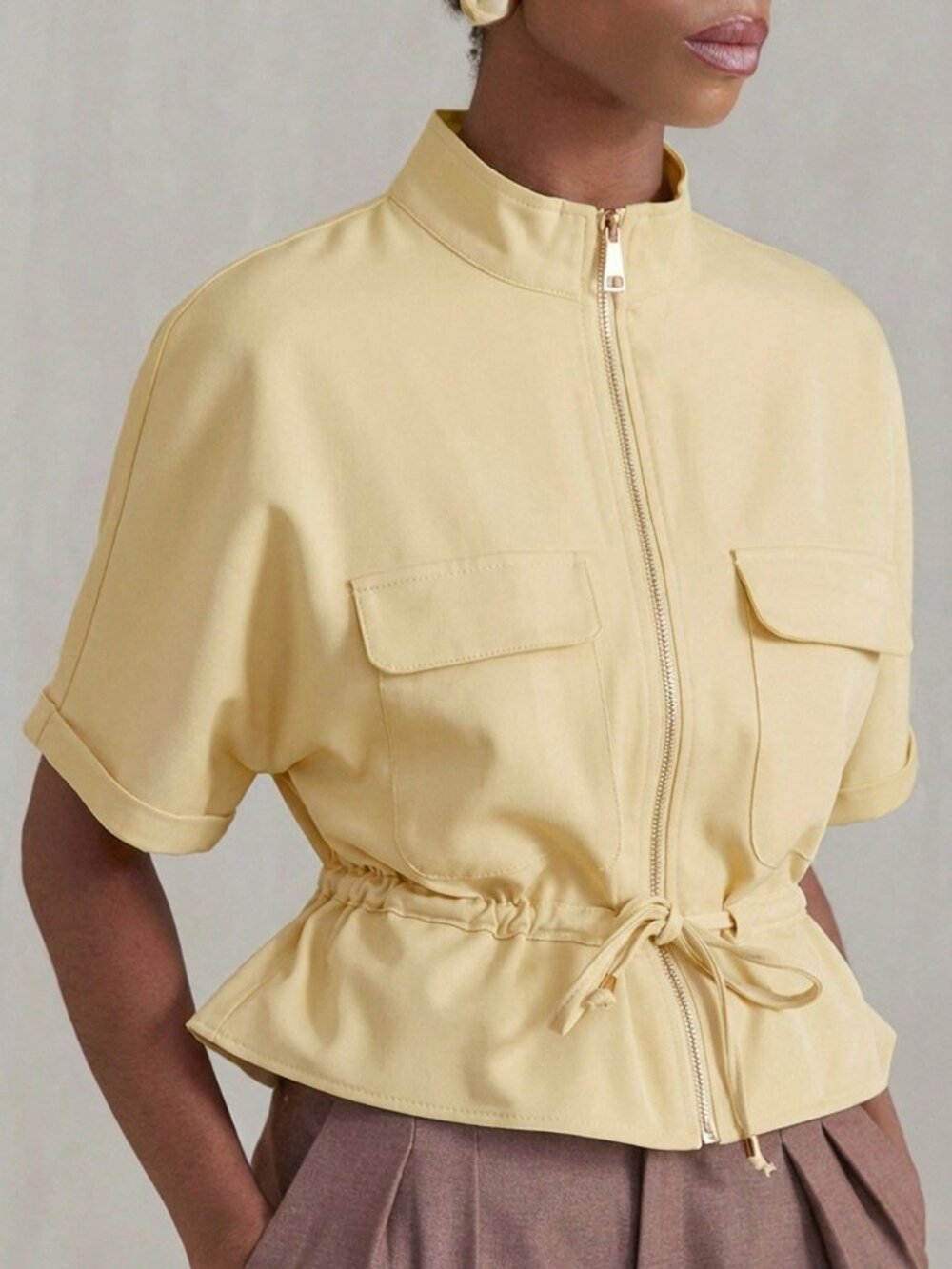 Light Yellow Casual Women's Short Utility Shirt